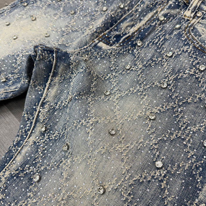 Embellished Rhinestone Flare Denim (Blue)
