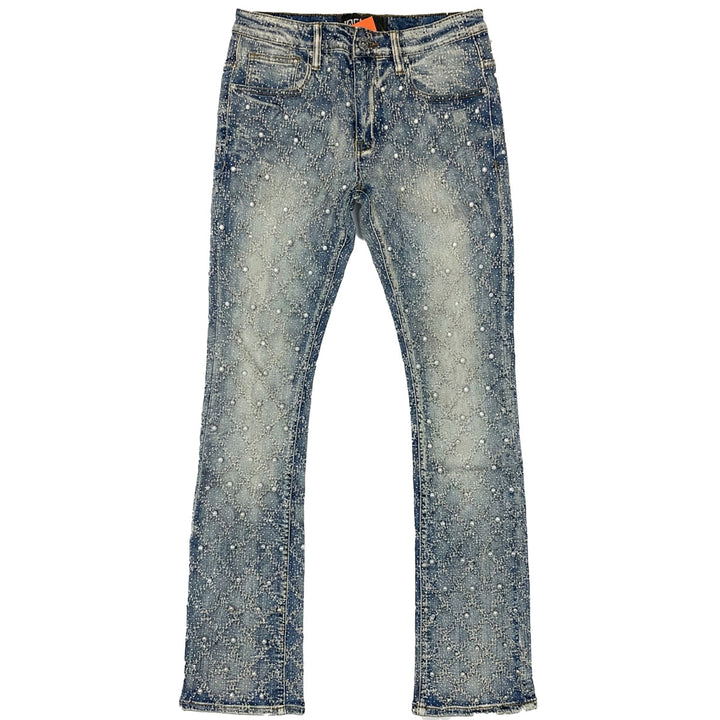 Embellished Rhinestone Flare Denim (Blue)